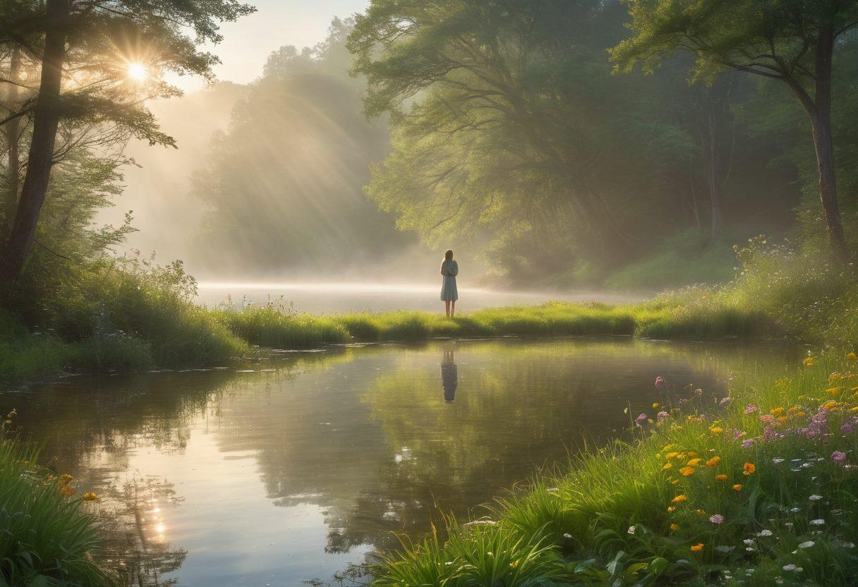 A serene figure standing at the edge of a misty, tranquil lake, reflecting on their emotions, with gentle waves rippling on the surface. Soft beams of sunlight break through dense clouds above, symbolizing hope breaking through sadness. Surrounding the scene are lush, green trees and delicate wildflowers, representing growth and healing. The atmosphere is calming yet profound, inviting introspection and understanding of grief. super-realistic. vibrant colors. soft focus.