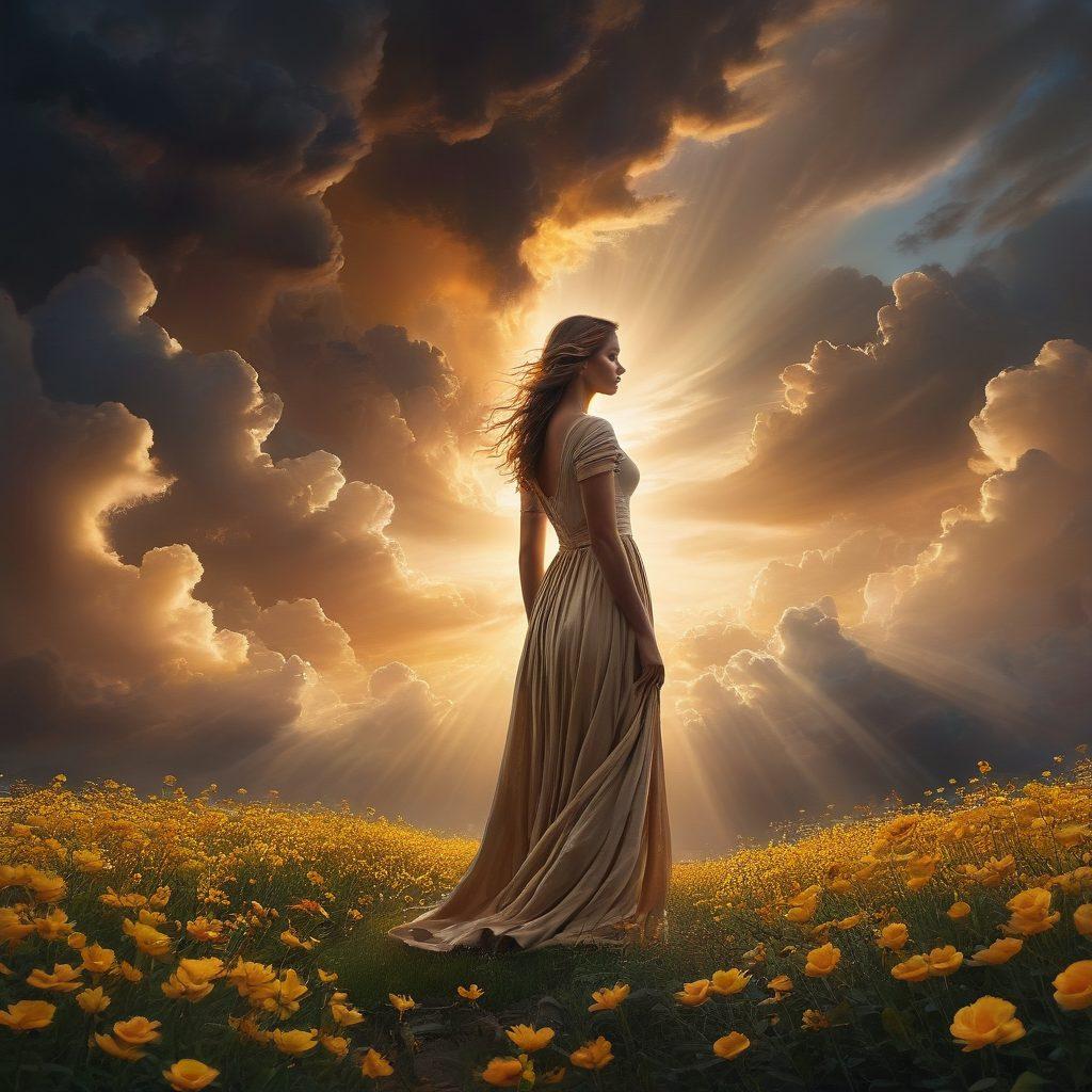 A serene figure standing against a backdrop of swirling dark clouds, with soft rays of light breaking through, symbolizing hope. The figure is surrounded by shadows that morph into delicate flowers as they reach toward the light. The scene evokes a sense of calm and introspection. moody atmosphere. super-realistic. vibrant colors.