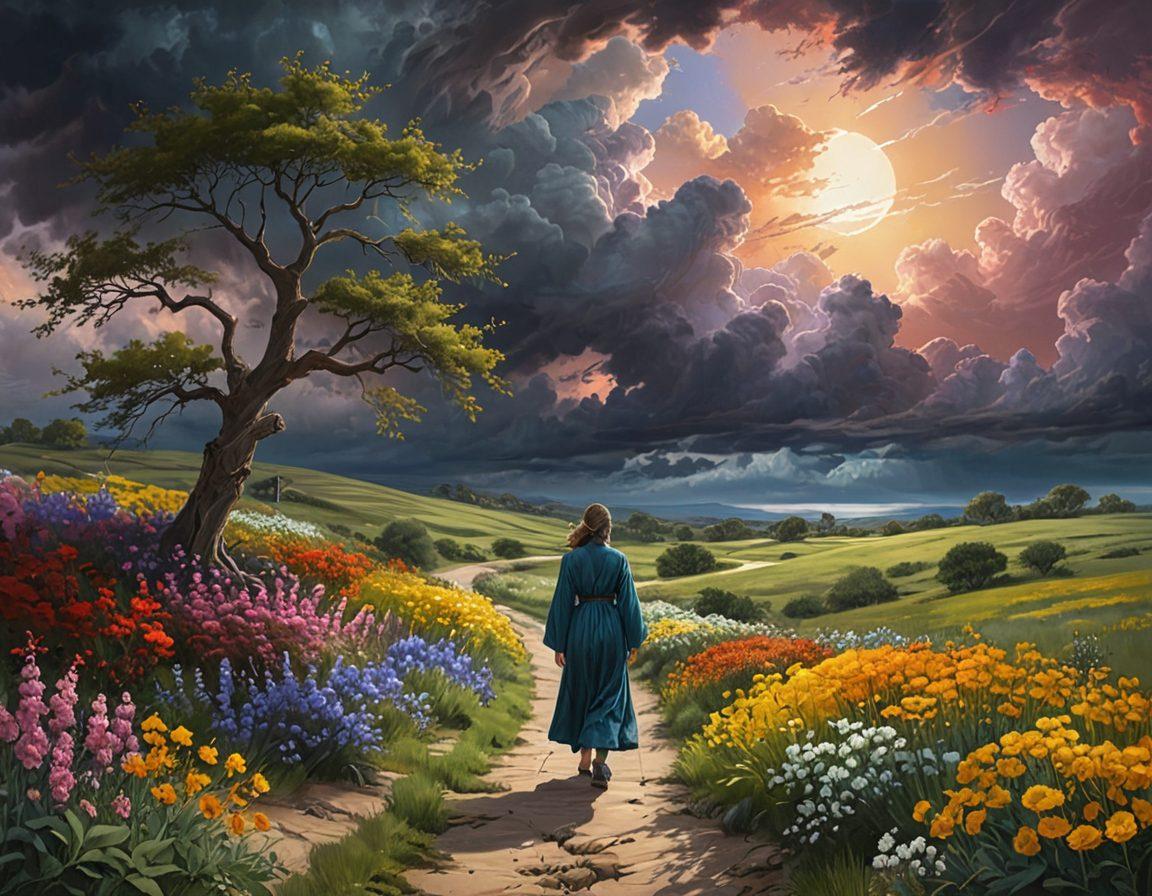 A serene landscape transitioning from a dark, stormy sky on one side representing grief, to a bright sunlit horizon symbolizing hope on the other. In the foreground, a figure with a gentle expression walks along a winding path scattered with blooming flowers, signifying healing and growth. Soft, flowing colors to evoke emotion and transformation. super-realistic. vibrant colors.